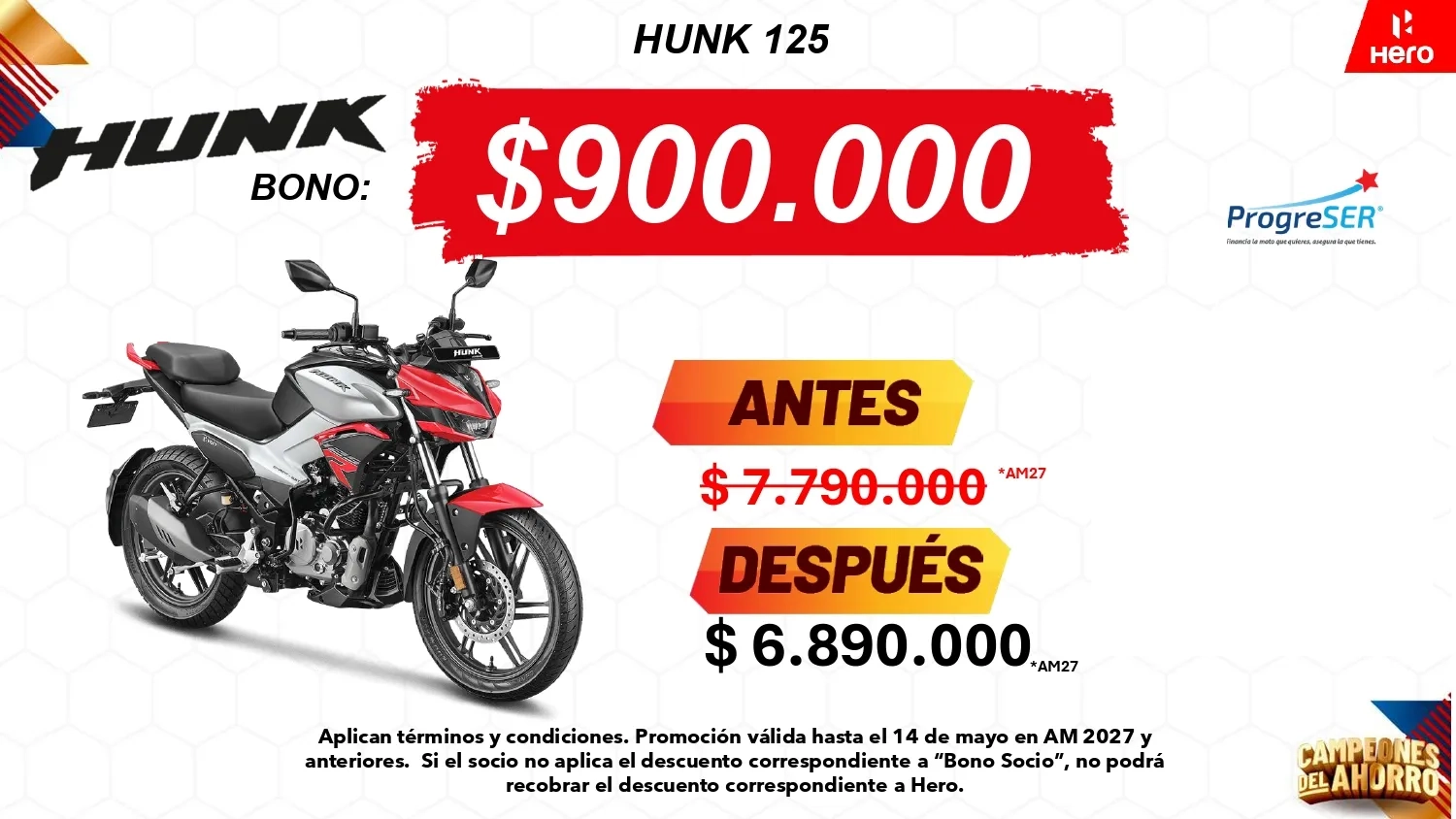 Promocion Hero HUNK 125 con bono de $900.000